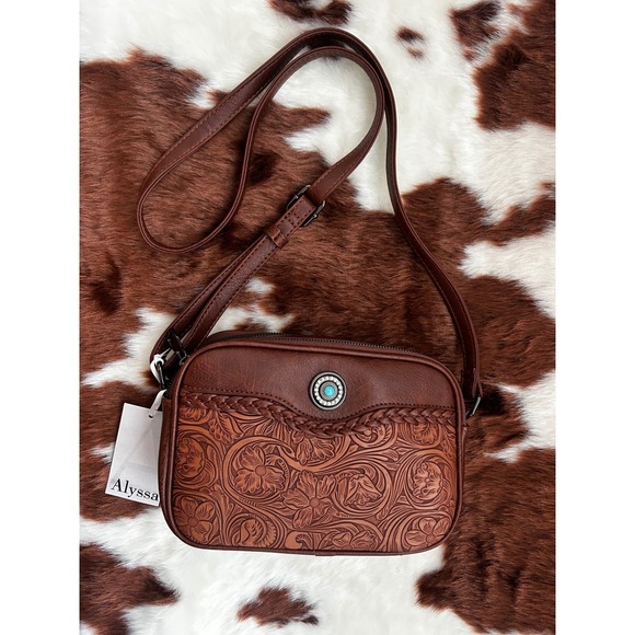 Alyssa Handbags - Western Floral Tooled Crossbody Bag Turquoise Concho New